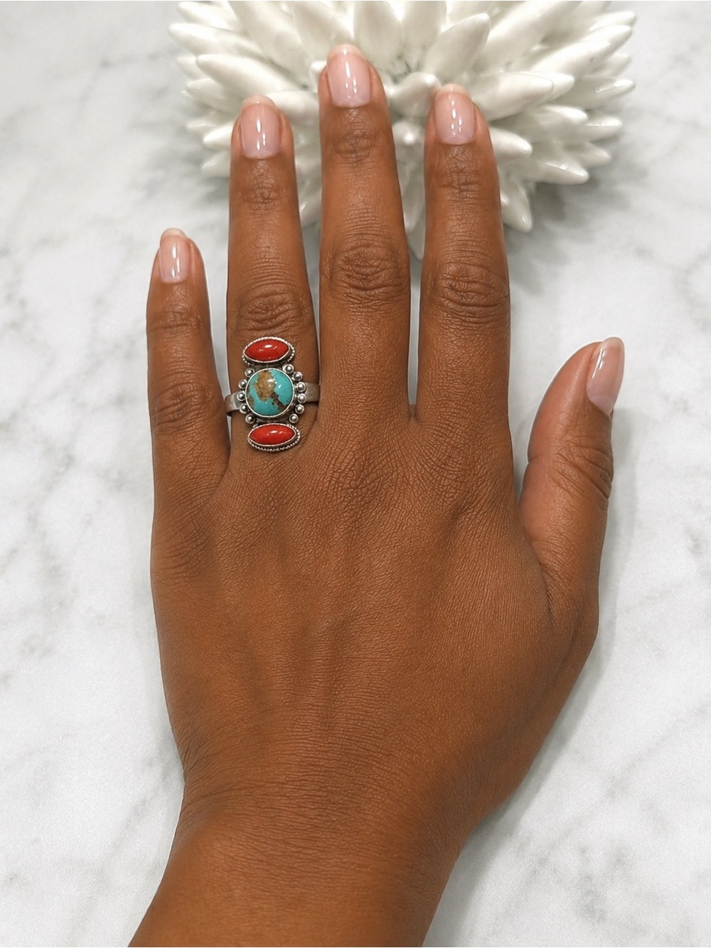 Vintage Sterling Silver Native American Piece Turquoise Stone Accented Coral.
